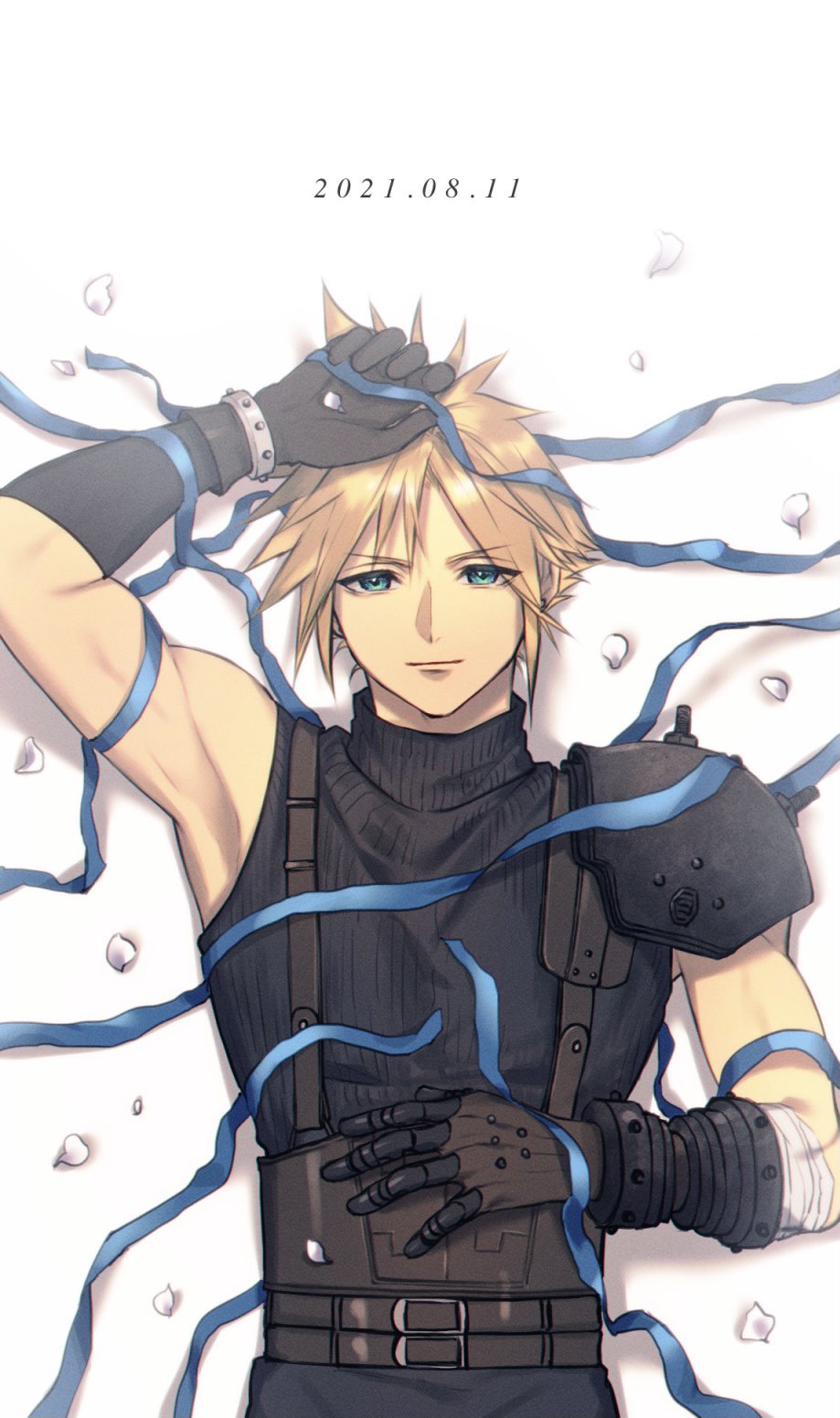 1boy ah_yoshimizu arm_up armor asymmetrical_arms bandaged_arm bandages belt black_gloves black_pants black_sweater blonde_hair blue_eyes cloud_strife commentary_request dated final_fantasy final_fantasy_vii gloves hand_on_forehead hand_on_own_head hand_on_own_stomach highres leather_belt light_smile lying male_focus multiple_belts on_back pants pauldrons petals shadow short_hair shoulder_armor single_pauldron sleeveless sleeveless_turtleneck solo spiky_hair streamers suspenders sweater turtleneck upper_body white_background white_petals