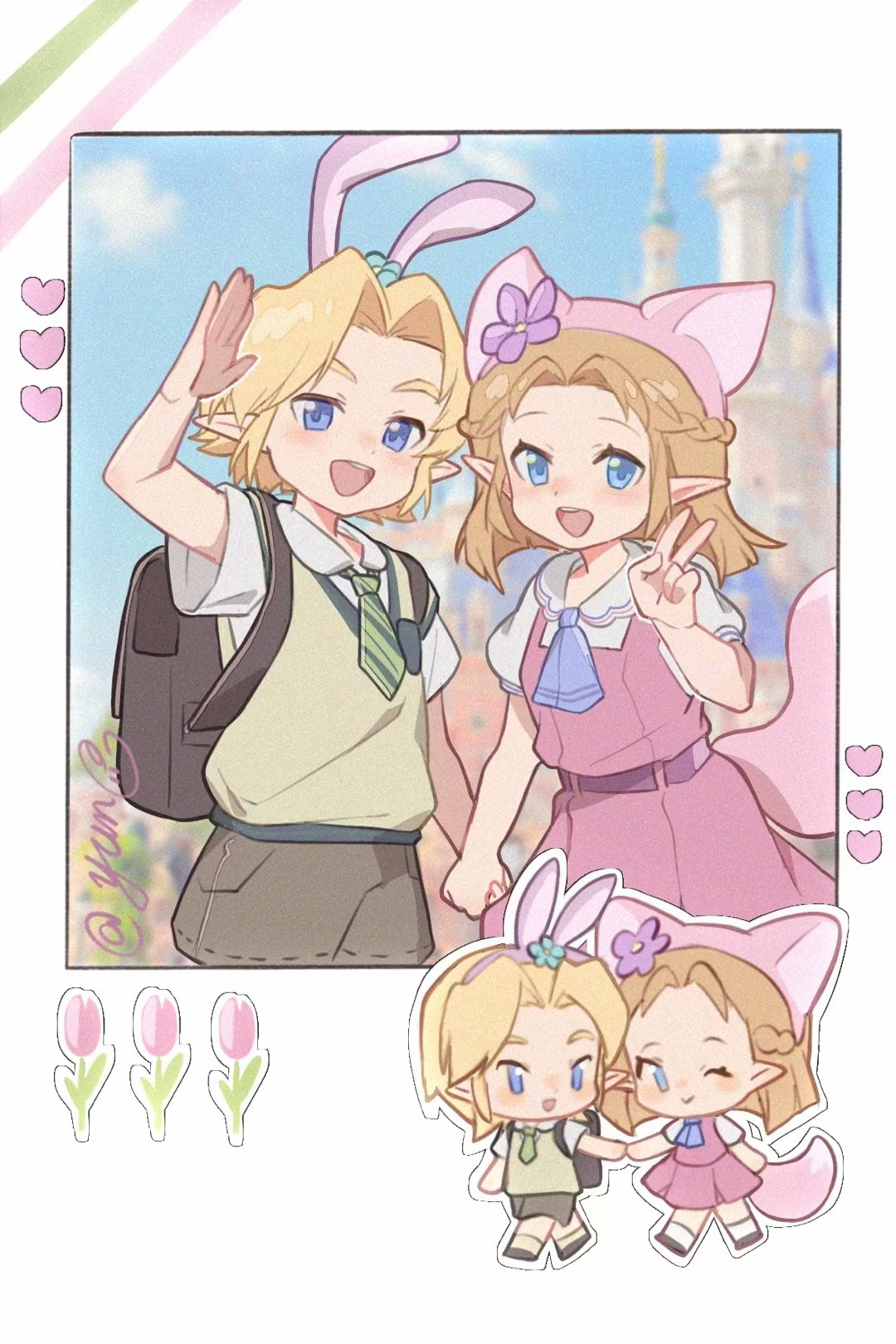 1boy 1girl animal_ears backpack bag blonde_hair blue_eyes braid brown_hair brown_shorts castle chibi commentary contemporary crown_braid dress fake_animal_ears fake_tail flower fox_ears fox_tail green_sweater_vest hairband heart highres holding_hands link pink_dress pink_hairband pointy_ears princess_zelda rabbit_ears randoseru school_uniform shorts signature sweater_vest tail the_legend_of_zelda the_legend_of_zelda:_ocarina_of_time tulip v waving young_link young_zelda yun_(dl2n5c7kbh8ihcx)