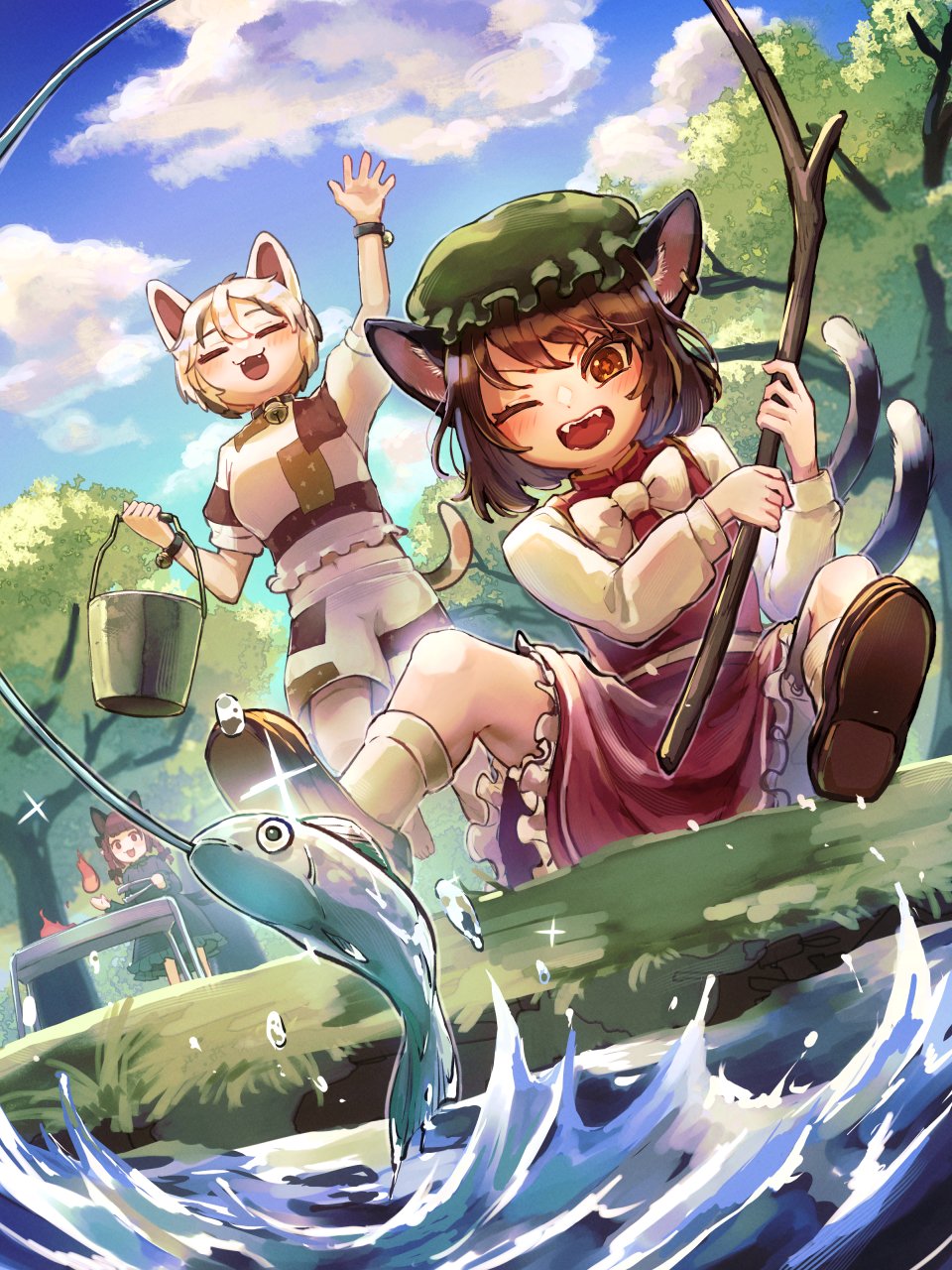 3girls animal animal_ear_piercing animal_ears bell bow braid bucket cat_choker cat_ears cat_girl cat_tail chen closed_eyes clouds day dress earrings extra_ears fang fish fishing fishing_line fishing_rod forest goutokuji_mike green_dress green_headwear hair_bow hand_up hat highres holding holding_fishing_rod hoop_piercing jewelry jingle_bell kaenbyou_rin maneki-neko midriff mob_cap multicolored_clothes multicolored_shirt multicolored_shorts multicolored_tail multiple_girls multiple_tails nature navel neck_bell nekomata nekotsuki one_eye_closed open_mouth outdoors patch patchwork_clothes redhead shoes shorts single_earring sitting sky socks tail touhou tree two_tails water white_bow