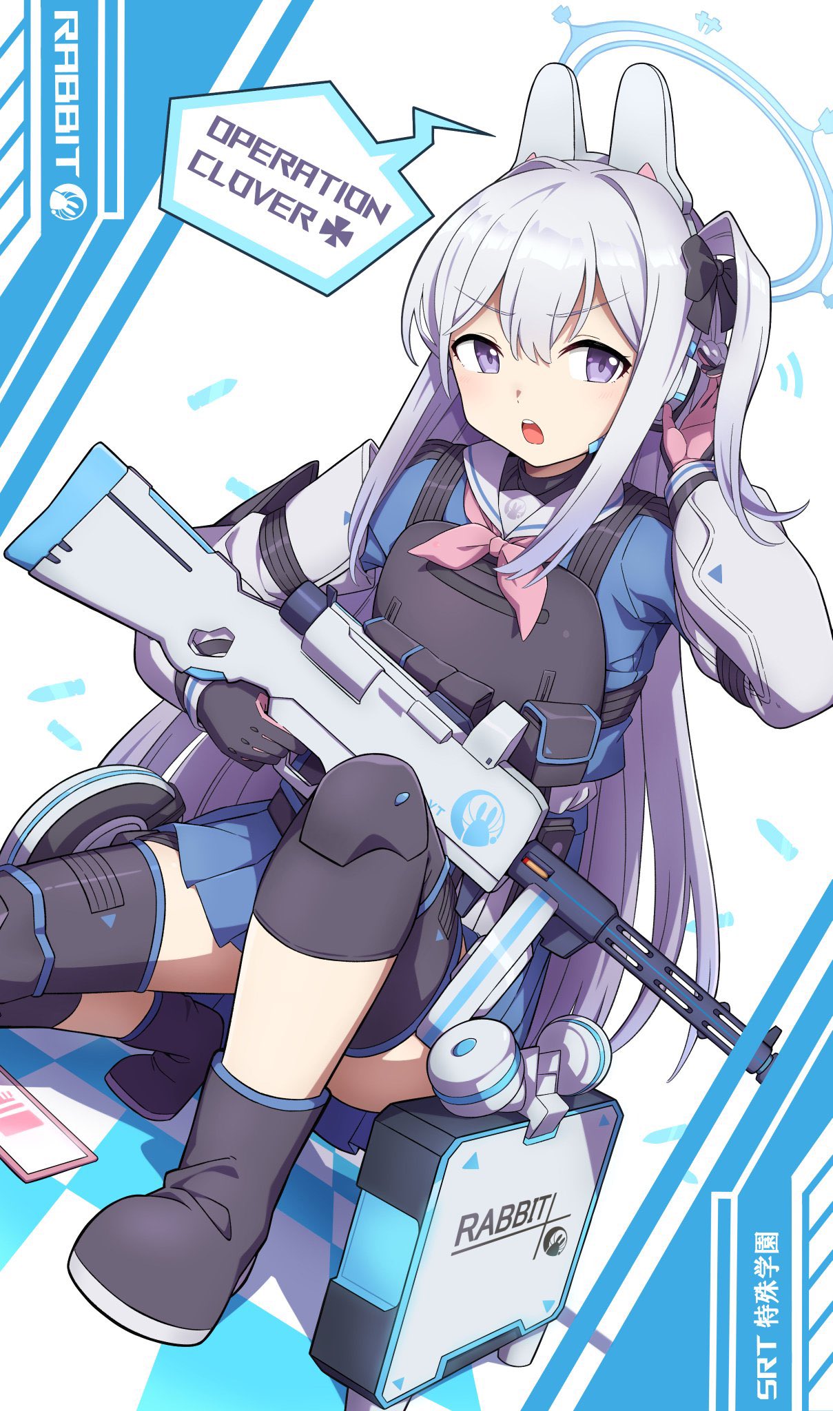 1-4daithi 1girl animal_hairband blue_archive body_armor boots commentary_request english_text gloves grey_hair gun hair_between_eyes hair_ornament halo headband highres knee_pads miyako_(blue_archive) open_mouth school_uniform simple_background solo submachine_gun tactical_clothes violet_eyes weapon