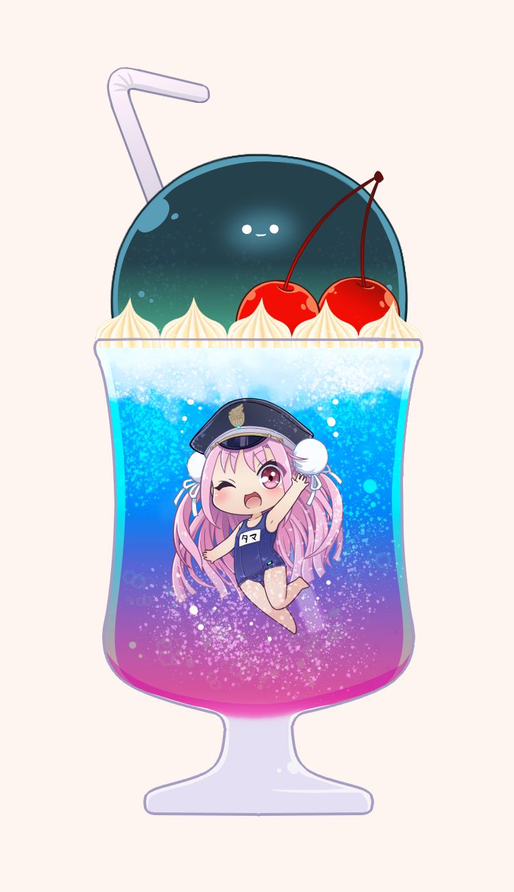 1girl ;d alternate_costume arm_up black_headwear blue_one-piece_swimsuit blunt_ends blush character_name cherry chibi cocktail cocktail_glass commentary_request cup double_bun drinking_glass drinking_straw floating_hair food fruit hair_bun happy hat heaven_burns_red highres ikeda_jun_(aquaqua) kunimi_tama long_hair looking_at_viewer military_hat one-piece_swimsuit one_eye_closed open_mouth pink_eyes pink_hair school_uniform simple_background smile solo swimsuit two_side_up underwater very_long_hair waving white_background