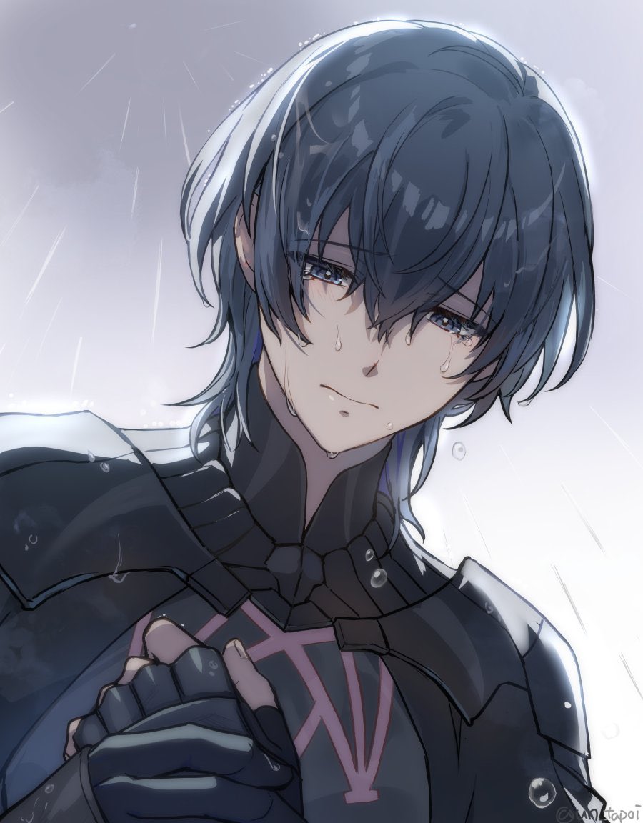 1boy armor black_armor black_gloves blue_eyes blue_hair byleth_(fire_emblem) byleth_(male)_(fire_emblem) closed_mouth commentary crying crying_with_eyes_open fingernails fire_emblem fire_emblem:_three_houses gauntlets gloves hair_between_eyes holding_hands looking_at_viewer male_focus rain sad solo symbol-only_commentary tearing_up tears twitter_username un_tapoi