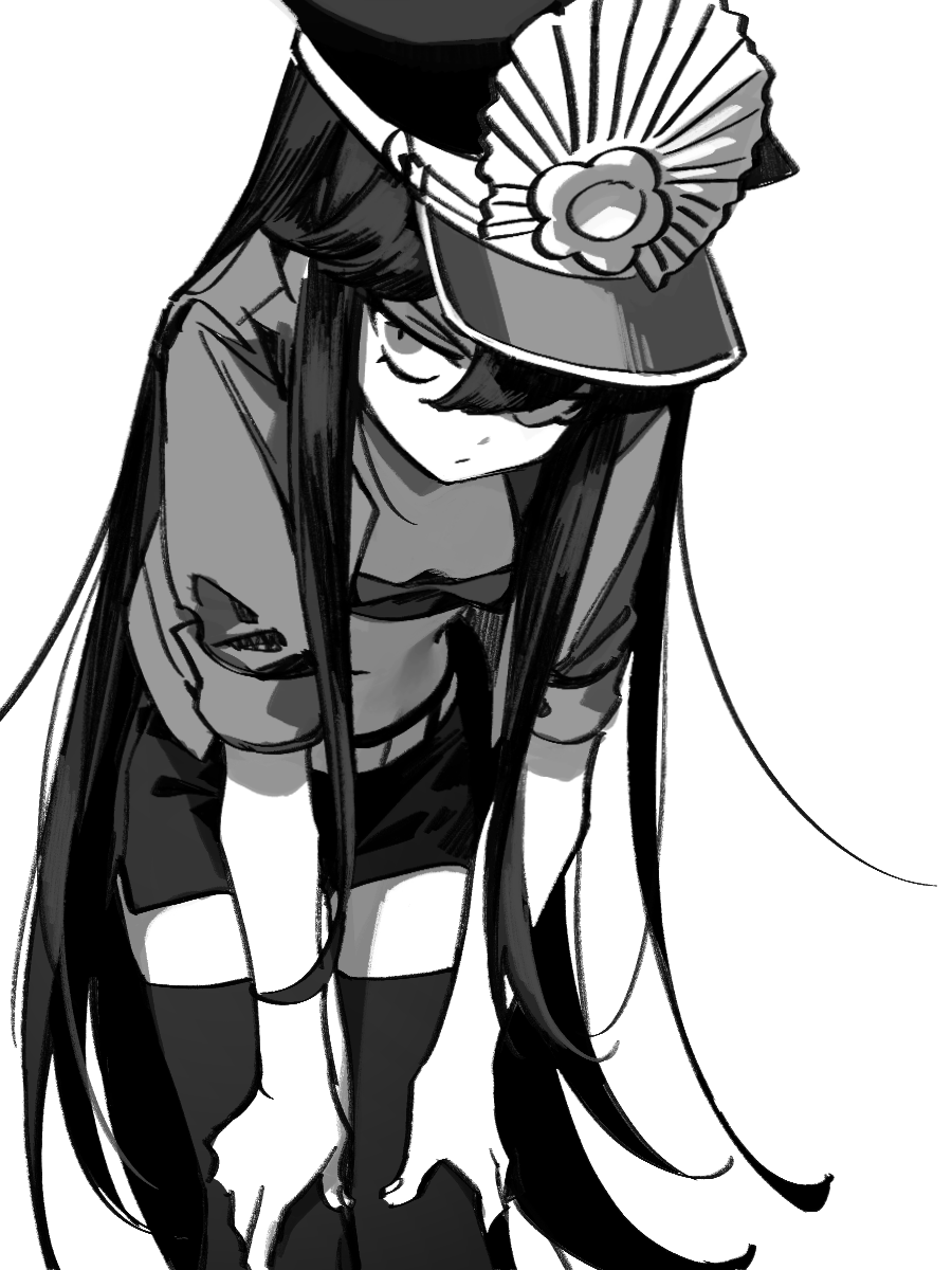 1girl alternate_costume expressionless family_crest fate/grand_order fate_(series) greyscale hands_on_own_knees hat highres long_hair military_hat monochrome oda_nobunaga_(fate) oda_uri peaked_cap sempon_(doppio_note) simple_background skirt solo thigh-highs very_long_hair white_background zettai_ryouiki
