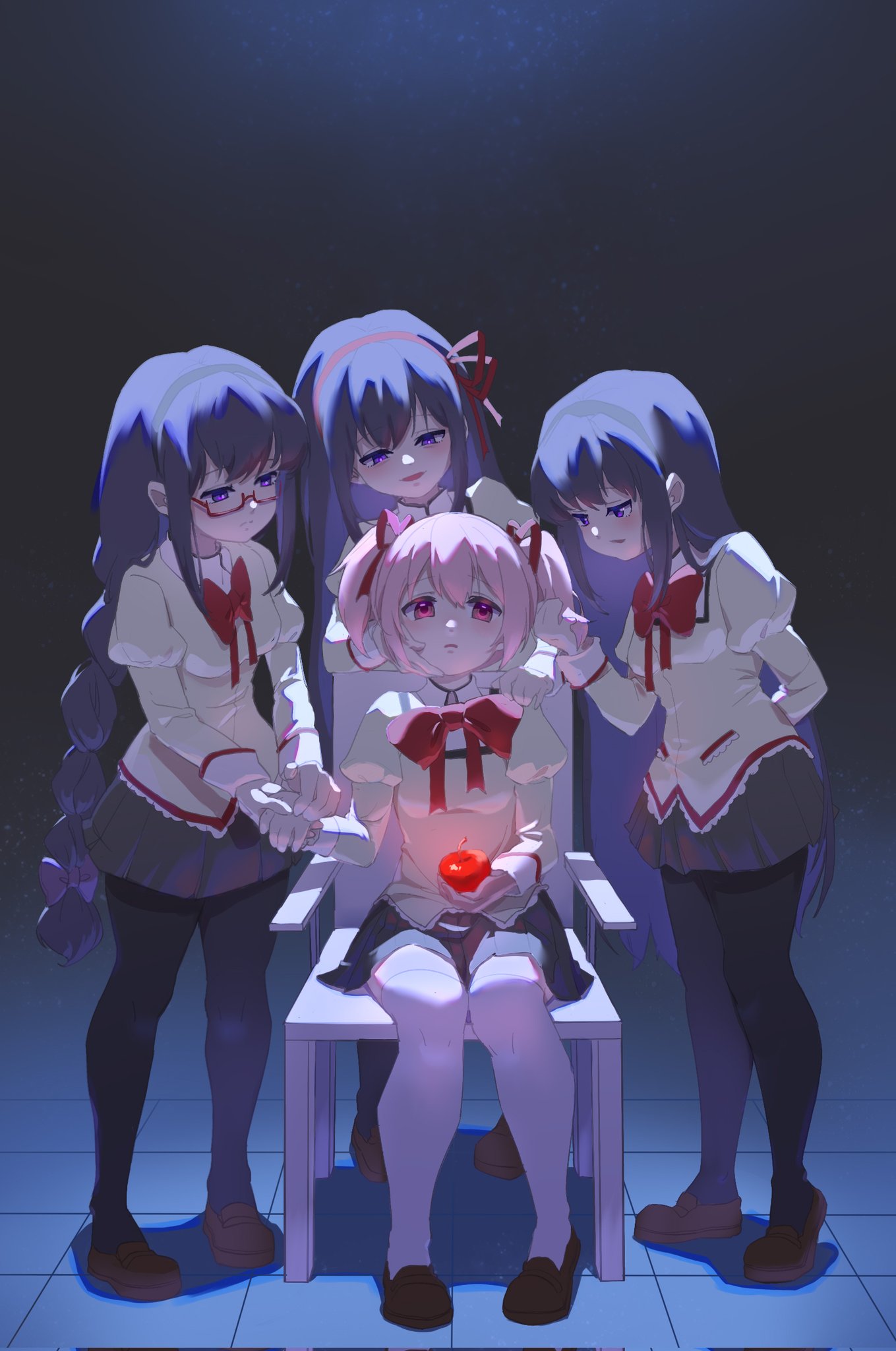 4girls akemi_homura apple arm_behind_back black_hair black_pantyhose bow bowtie braid breasts chair chinese_commentary commentary_request food frown fruit glasses hair_bow hair_ribbon hand_grab highres holding holding_food holding_fruit juliet_sleeves kaname_madoka loafers long_sleeves mahou_shoujo_madoka_magica mahou_shoujo_madoka_magica_(anime) miniskirt mitakihara_school_uniform multiple_girls multiple_persona pantyhose pink_eyes pink_hair pleated_skirt puffy_sleeves purple_bow red-framed_eyewear red_bow red_bowtie ribbon school_uniform semi-rimless_eyewear shoes sitting skirt small_breasts smile thigh-highs twintails under-rim_eyewear violet_eyes white_thighhighs yun_(dl2n5c7kbh8ihcx)