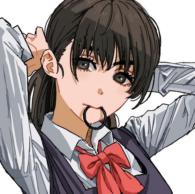 1girl black_dress black_eyes black_hair chainsaw_man closed_mouth collared_shirt dress english_commentary fourth_east_high_school_uniform hair_tie hair_tie_in_mouth long_hair long_sleeves looking_at_viewer mitaka_asa mouth_hold neck_ribbon pinafore_dress red_ribbon ribbon school_uniform shiren_(ourboy83) shirt simple_background sleeveless sleeveless_dress solo tying_hair white_background white_shirt