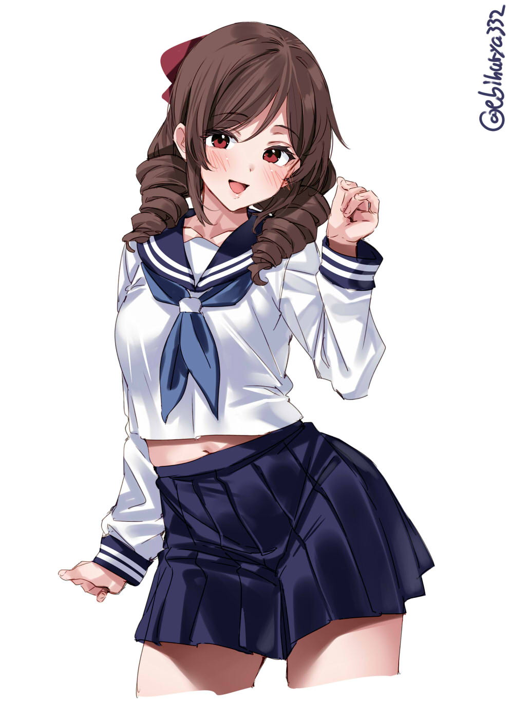 1girl blue_neckerchief blue_skirt blush bow breasts brown_hair cropped_legs drill_hair ebifurya hair_between_eyes hair_bow harukaze_(kancolle) highres kantai_collection long_sleeves looking_at_viewer navel neckerchief one-hour_drawing_challenge open_mouth pleated_skirt red_eyes sailor_collar school_uniform shirt simple_background skirt smile solo thighs twin_drills twitter_username white_background white_shirt