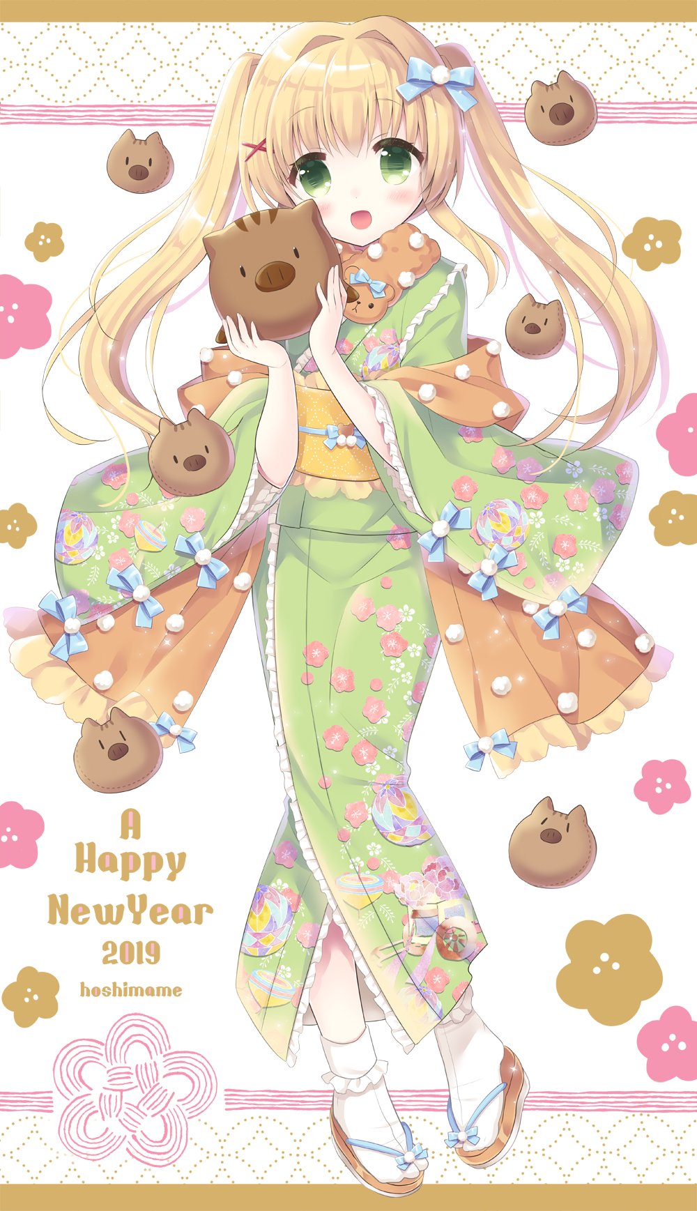 1girl 2019 :d alternate_costume animal artist_name blonde_hair blue_bow blush boar botan_(clannad) bow cherry_blossom_print chinese_zodiac clannad colored_eyelashes commentary_request company_connection crossover dated eyes_visible_through_hair floating_hair floral_print frilled_kimono frilled_sleeves frills full_body green_eyes green_kimono hair_between_eyes hair_bow hair_intakes hair_ornament hands_up happy_new_year highres holding holding_animal hoshimame_mana japanese_clothes key_(company) kimono long_hair long_sleeves looking_at_viewer open_mouth pom_pom_(clothes) pom_pom_hair_ornament sandals sash sidelocks simple_background smile solo standing summer_pockets tabi tsumugi_wenders white_background wide_sleeves x_hair_ornament year_of_the_pig yellow_sash yukata