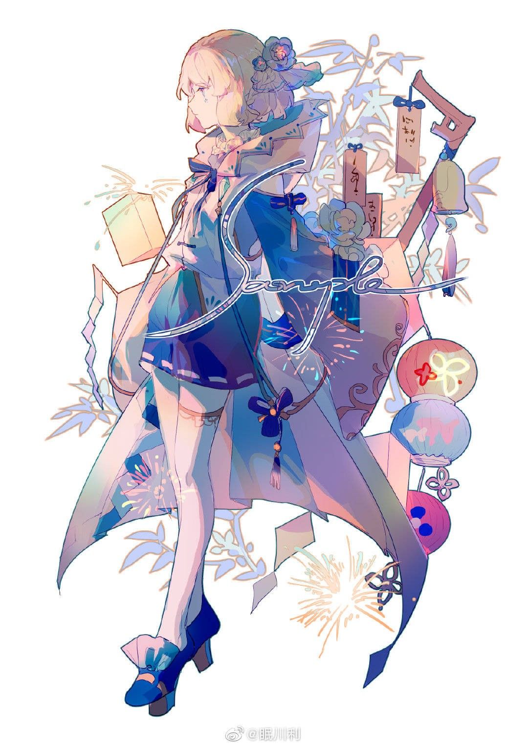 1girl bare_shoulders blonde_hair blunt_ends cape closed_mouth clothing_cutout expressionless fireworks flower frilled_footwear from_side full_body gohei gradient_skirt gradient_sleeves hair_flower hair_ornament high_heels highres holding holding_gohei hood hood_down hooded_cape lantern lobelia_(saclia) long_sleeves miniskirt nontraditional_miko original paper_lantern purple_flower purple_footwear purple_skirt purple_sleeves ribbon-trimmed_skirt ribbon_trim sample_watermark short_hair shoulder_cutout simple_background single_thighhigh skirt sleeves_past_fingers sleeves_past_wrists solo source_request thigh-highs third-party_source vest violet_eyes watermark weibo_logo weibo_username white_background white_cape white_flower white_hood white_thighhighs white_vest wide_sleeves