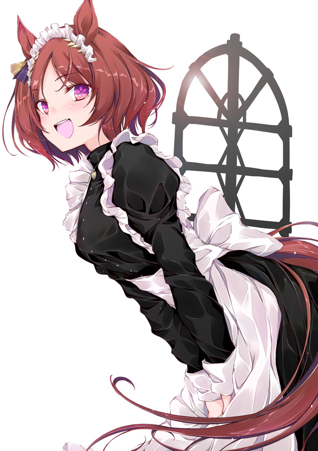 1girl :d alternate_costume animal_ears apron black_dress bob_cut brown_hair commentary_request dress enmaided flower_in_eye frilled_apron frills from_side horse_ears horse_girl juliet_sleeves long_sleeves looking_at_viewer looking_to_the_side maid maid_apron maid_headdress parted_bangs puffy_sleeves sakura_laurel_(umamusume) short_hair smile solo symbol_in_eye umamusume violet_eyes waist_apron white_apron yumesato_makura