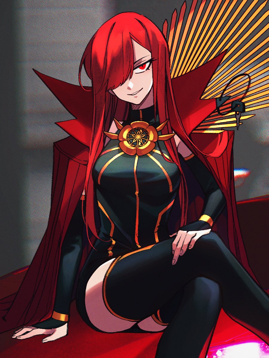 cape chain collared_cape detached_sleeves facing_viewer family_crest fate/grand_order fate_(series) hair_over_one_eye hands_on_lap highres medallion oda_nobunaga_(fate) oda_nobunaga_(maou_avenger)_(fate) oda_uri popped_collar red_cape red_eyes redhead sempon_(doppio_note) sitting