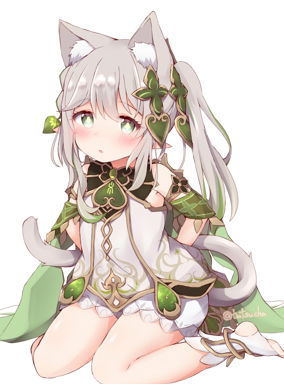 1girl animal_ear_fluff animal_ears arms_behind_back bloomers blush braid cat_ears cat_girl cat_tail commentary_request crown_braid detached_sleeves dress flower-shaped_pupils genshin_impact gradient_hair green_eyes grey_hair hair_between_eyes head_tilt highres kemonomimi_mode long_hair looking_at_viewer multicolored_hair nahida_(genshin_impact) parted_lips short_sleeves side_ponytail sidelocks simple_background single_braid sitting solo stirrup_legwear streaked_hair symbol-shaped_pupils tail toeless_legwear toes tutsucha_illust two-tone_hair wariza white_background white_bloomers white_dress