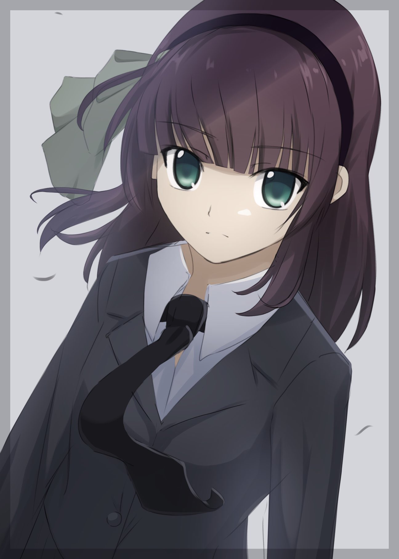 1girl alternate_costume angel_beats! black_hairband black_necktie black_suit blunt_bangs border bow closed_mouth commentary dutch_angle egg_vibrator floating_clothes floating_hair formal green_bow green_eyes grey_background hair_bow hairband highres lelie_(lelie_link) long_sleeves looking_at_viewer medium_hair nakamura_yuri necktie purple_hair sex_toy simple_background solo split_mouth suit upper_body vibrator wind