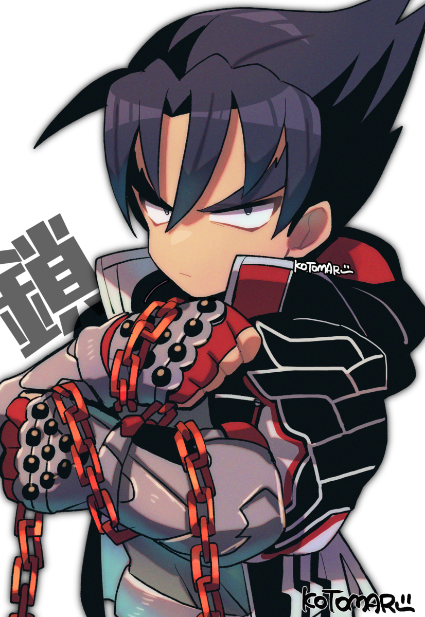 1boy black_coat black_hair chain closed_mouth coat fighting_stance fingerless_gloves gloves hair_between_eyes highres holding holding_chain kazama_jin kotorai looking_at_viewer male_focus red_gloves serious short_hair signature solo tekken thick_eyebrows translation_request upper_body white_background