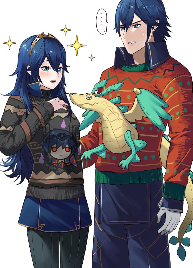 ... 1boy 1girl alternate_costume ameno_(a_meno0) black_sweater blue_eyes blush character_print christmas_sweater chrom_(fell_exalt)_(fire_emblem) chrom_(fire_emblem) commentary_request father_and_daughter fire_emblem fire_emblem_awakening gloves green_sweater hair_between_eyes height_difference long_hair long_sleeves lucina_(fire_emblem) multicolored_sweater red_sweater short_hair simple_background smile speech_bubble sweat sweater tiara ugly_sweater white_background white_gloves