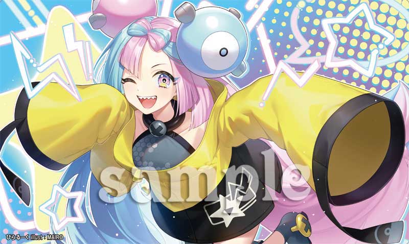 1girl arapaima55giga blue_hair bow-shaped_hair character_hair_ornament grey_pantyhose hair_ornament hexagon_print iono_(pokemon) jacket long_hair looking_at_viewer low-tied_long_hair multicolored_hair one_eye_closed open_mouth oversized_clothes pantyhose pink_eyes pink_hair pokemon pokemon_sv sample_watermark sharp_teeth shirt single_leg_pantyhose sleeveless sleeveless_shirt sleeves_past_fingers sleeves_past_wrists smile solo split-color_hair standing standing_on_one_leg star_(symbol) teeth twintails two-tone_hair very_long_sleeves watermark x yellow_jacket