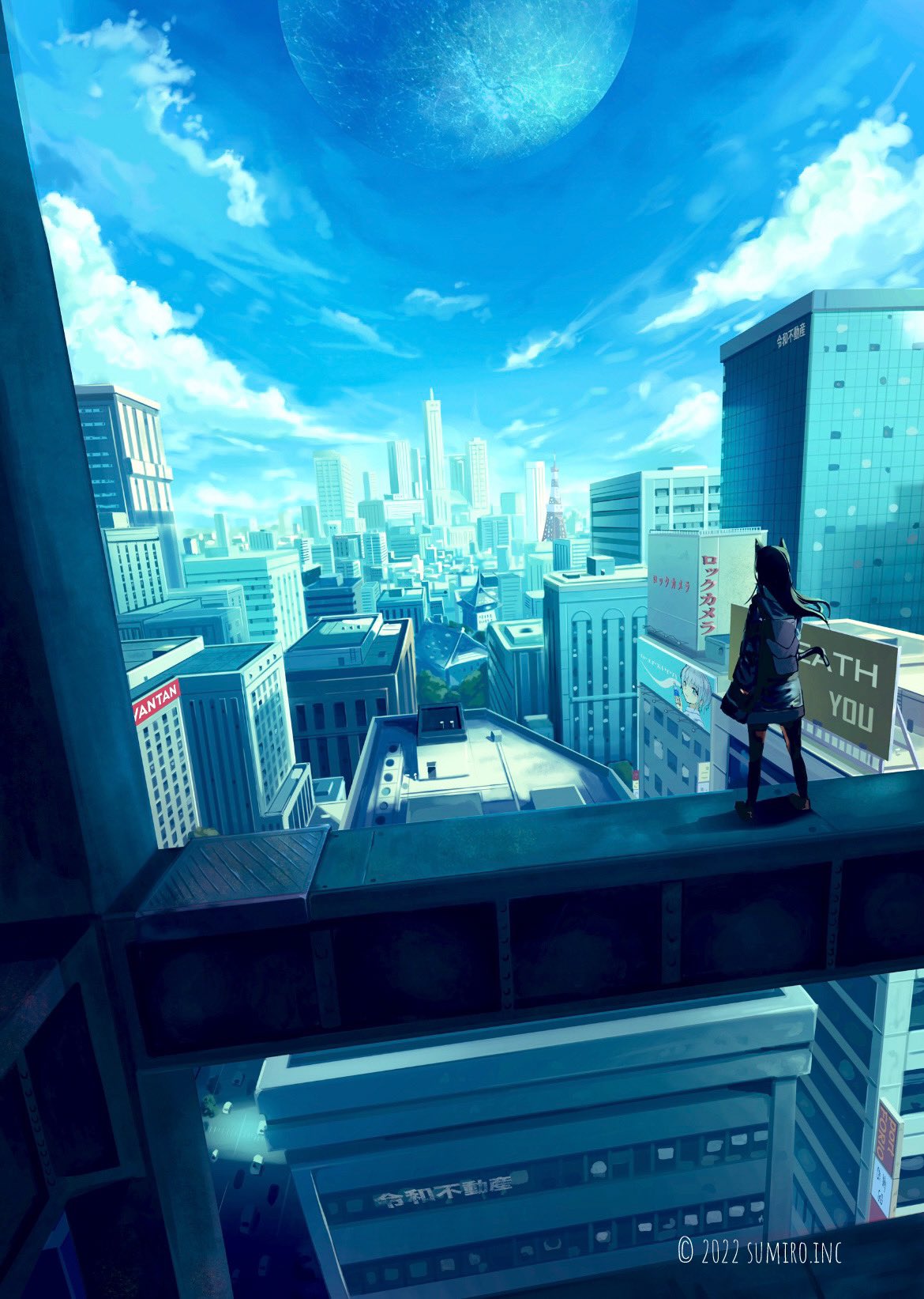 1girl animal_ears billboard blue_sky building city cityscape clouds commentary_request concept_art dated day english_commentary english_text highres jacket long_hair mixed-language_commentary moon original outdoors plant scenery sky skyline skyscraper solo sumiro tower tree