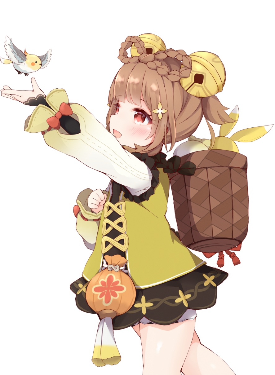 1girl :d arm_up basket bell bird blunt_bangs bow-shaped_hair braid brown_eyes brown_hair chinese_clothes commentary_request from_side genshin_impact hair_bell hair_ornament hairclip highres jingle_bell long_hair long_sleeves looking_at_another pouch reaching sidelocks simple_background smile tutsucha_illust white_background yaoyao_(genshin_impact) yuegui_(genshin_impact)