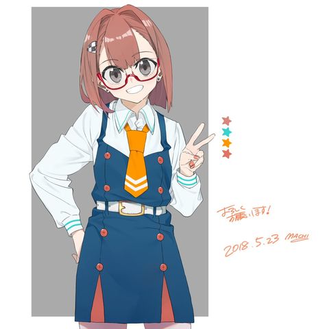 1girl artist_name belt blue_overalls brown_hair buttons checkered_hair_ornament collared_shirt concept_art cowboy_shot dated double-parted_bangs earrings grey_eyes grin hand_on_own_hip hand_up hitomi_chris hololive jewelry long_sleeves looking_at_viewer lowres machi_(wm) medium_hair nail_polish necktie official_art orange_nails overalls red-framed_eyewear semi-rimless_eyewear shirt smile solo standing teeth third-party_source translation_request v virtual_youtuber white_belt white_shirt yellow_necktie