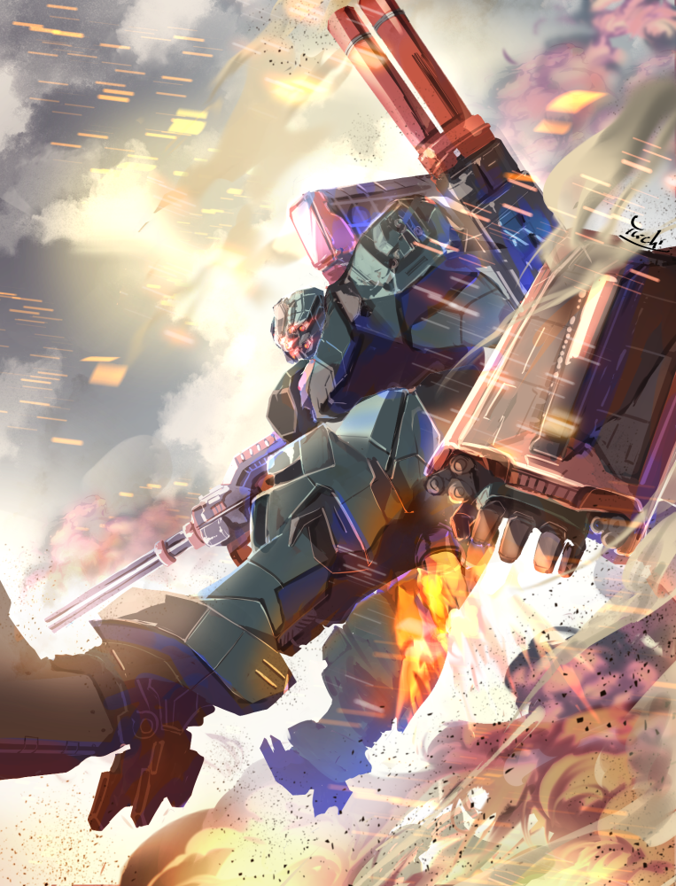 ahamma armored_core armored_core_6 clouds cloudy_sky day debris extra_eyes floating gatling_gun glowing glowing_eyes gun holding holding_gun holding_weapon liger_tail_(armored_core) looking_at_viewer mecha mecha_focus minigun no_humans outdoors red_eyes robot science_fiction shoulder_cannon sky smoke tetrapod thrusters weapon