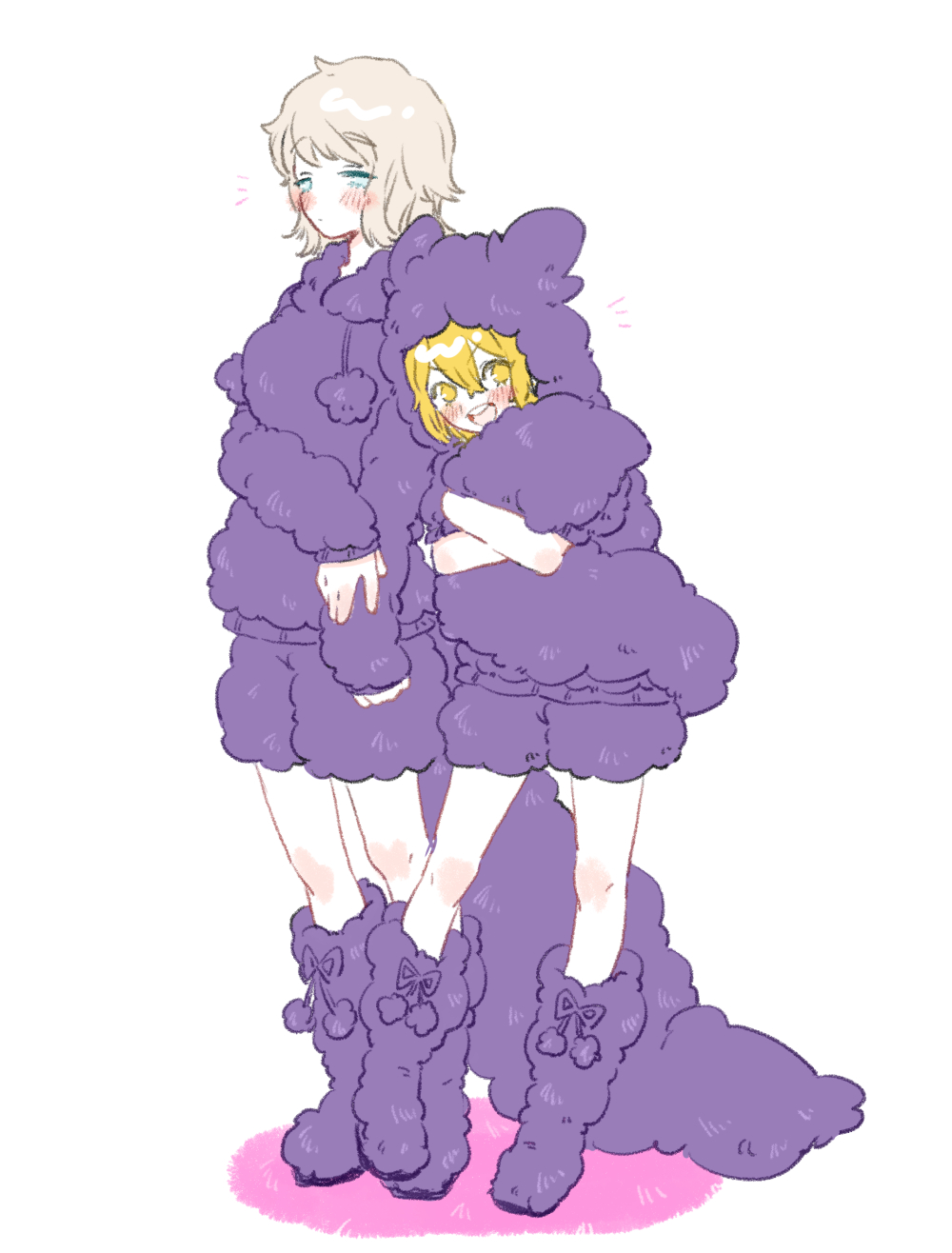 2girls blonde_hair blue_eyes boots don_quixote_(project_moon) faust_(project_moon) full_body fur_trim highres hood hood_down jacket limbus_company looking_at_viewer multiple_girls open_mouth project_moon purple_footwear purple_jacket purple_shorts short_hair shorts smile uchimura_(rino0525) white_hair yellow_eyes