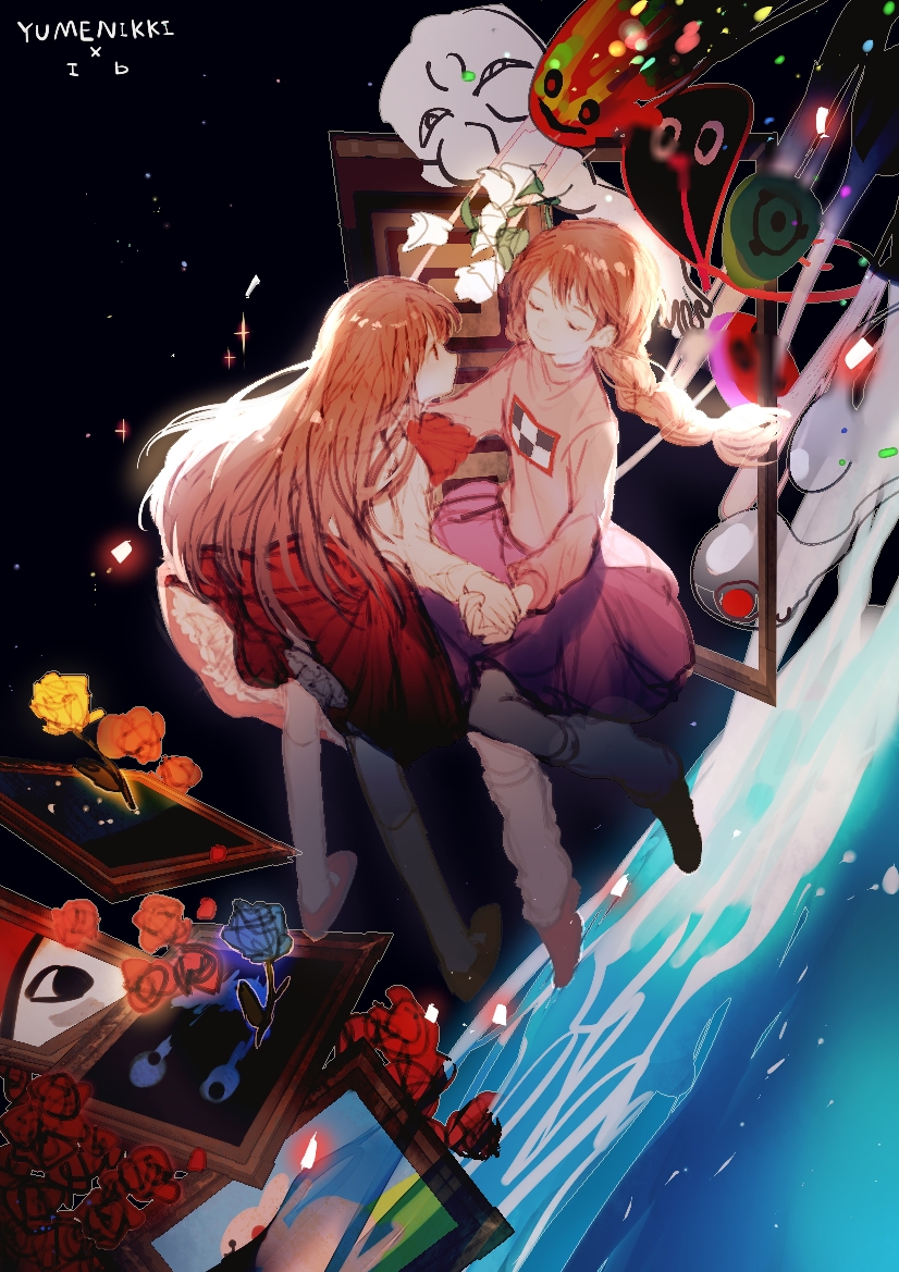 2girls ascot blue_flower blue_rose braid brown_hair character_request closed_eyes commentary_request copyright_name crossover expressionless face-to-face facing_another floating floating_hair flower frog_character_(yume_nikki) full_body holding_hands ib_(ib) kyukkyu-kun leg_warmers long_hair long_sleeves looking_at_another madotsuki mary_janes multiple_girls over-kneehighs painting_(object) petticoat pink_sweater print_sweater purple_skirt red_ascot red_eyes red_flower red_footwear red_rose red_skirt rose shirt shoes skirt smile socks sweater takofuusen thigh-highs turtleneck water wheelie_(yume_nikki) white_flower white_shirt white_socks xgshjsgha yellow_flower yellow_rose yume_nikki
