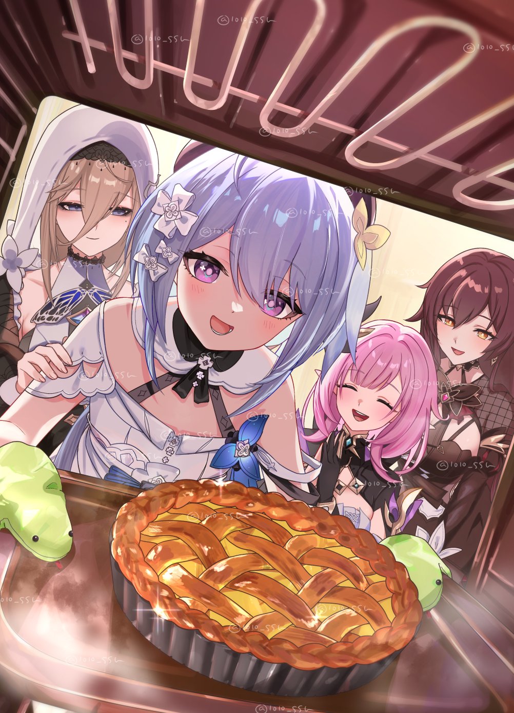 4girls aponia_(honkai_impact) arin_(1010_ssu) baking_sheet blue_hair brown_hair closed_eyes commission commissioner_upload eden_(honkai_impact) elysia_(honkai_impact) elysia_(miss_pink_elf)_(honkai_impact) food grey_hair griseo highres holding holding_tray honkai_(series) honkai_impact_3rd microwave multiple_girls nun open_mouth oven oven_mitts pie pink_hair roena second-party_source short_hair tray
