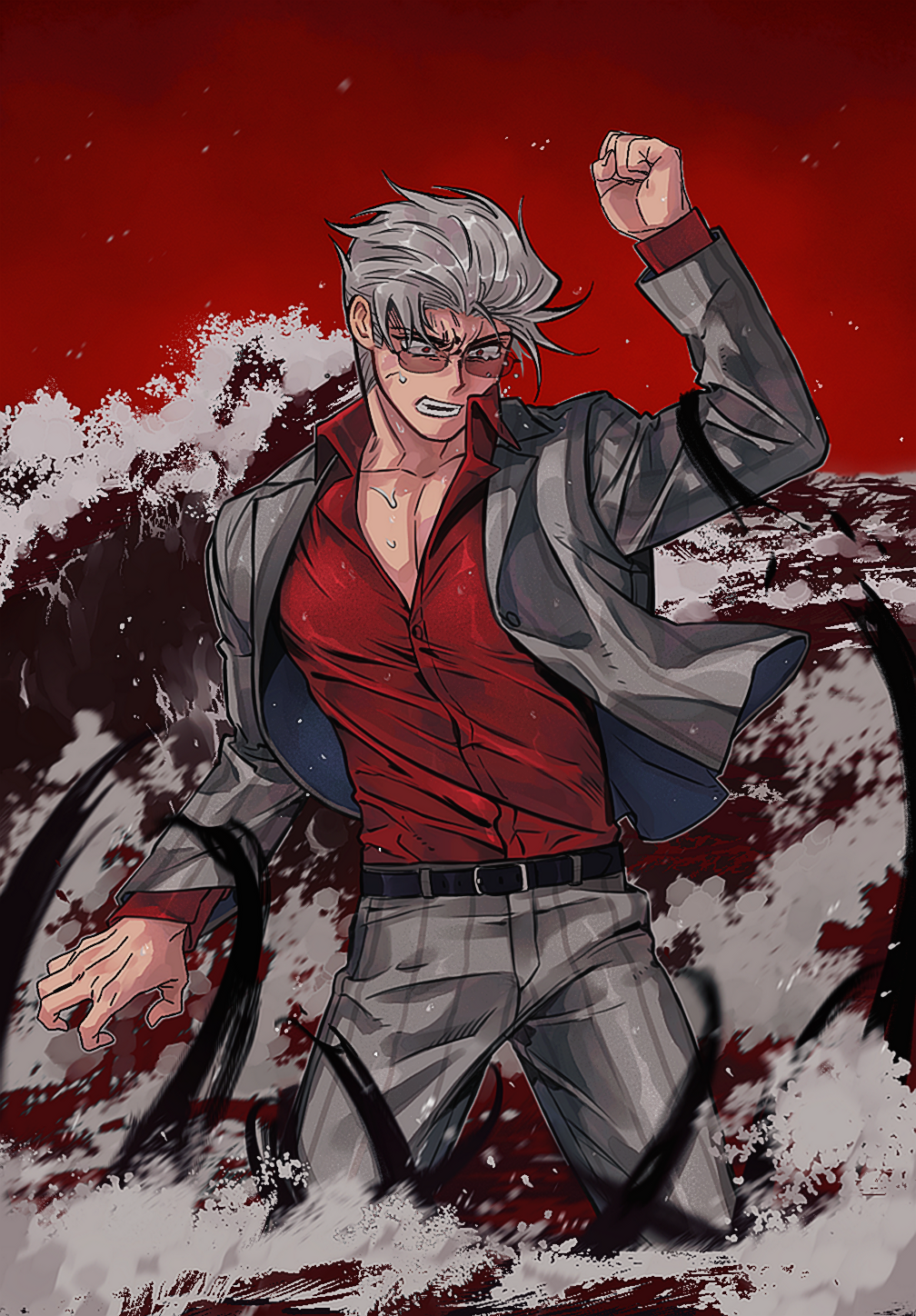 1boy akagi:_yami_ni_oritatta_tensai belt black_belt buttons clenched_hand collared_shirt commentary cowboy_shot fukumoto_mahjong grey_hair grey_jacket grey_pants hair_slicked_back highres hirayama_yukio jacket long_sleeves looking_down male_focus ocean open_clothes open_jacket open_mouth pants partially_submerged pectoral_cleavage pectorals red_background red_eyes red_shirt shirt short_hair solo ssom_omo standing striped striped_jacket striped_pants suit sunglasses vertical-striped_jacket vertical-striped_pants vertical_stripes waves