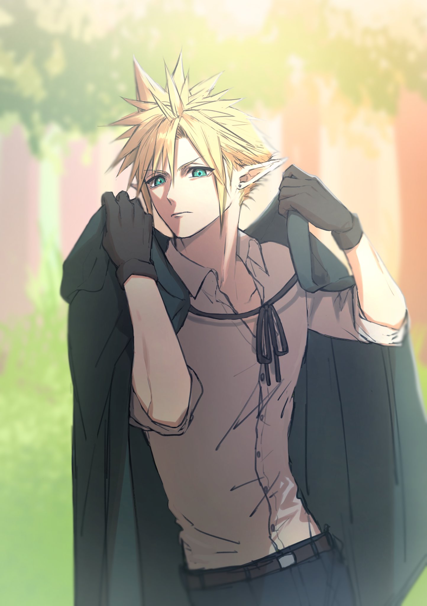 1boy adjusting_clothes ah_yoshimizu alternate_costume alternate_species blonde_hair blue_pants cape cloud_strife collared_shirt commentary_request day earrings elf expressionless final_fantasy final_fantasy_vii foliage forest green_cape green_eyes highres jewelry leaf leather_belt looking_at_viewer male_focus nature outdoors pants partially_unbuttoned pointy_ears shirt short_hair sleeves_rolled_up solo spiky_hair stud_earrings tree upper_body white_shirt