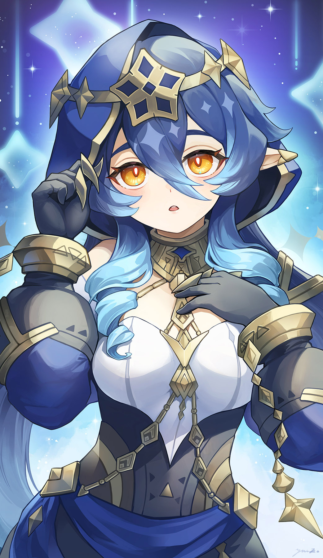 1girl bare_shoulders black_gloves blue_hair blue_hood breasts claw_ring detached_sleeves drill_hair drill_sidelocks genshin_impact gloves gold_choker hair_between_eyes highres hood hood_up jewelry layla_(genshin_impact) long_hair long_sleeves looking_at_viewer pointy_ears puffy_sleeves sidelocks solo upper_body very_long_hair yellow_eyes yuiko_(yuiyuiko_108)