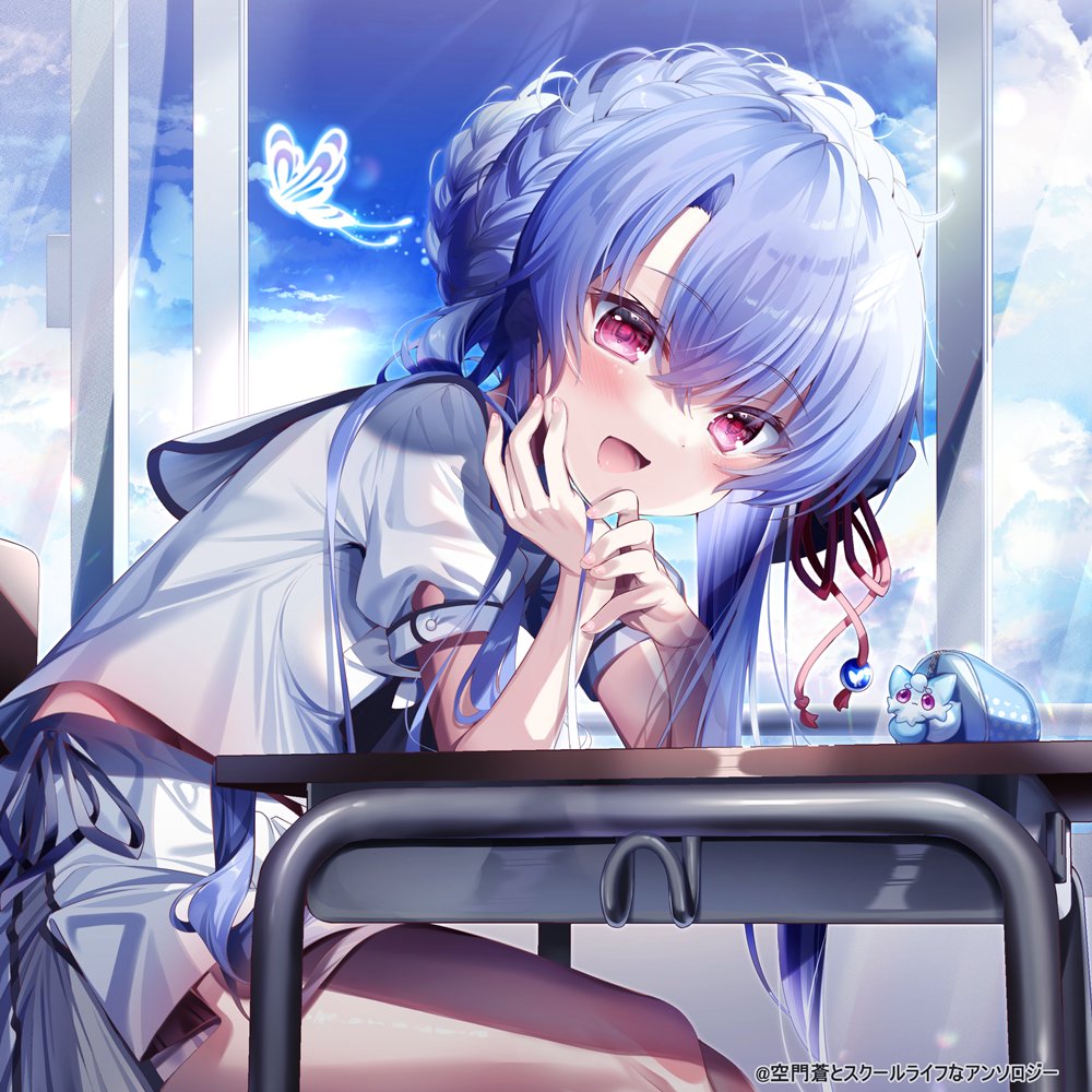 1girl :d arm_support blue_butterfly blue_hair blue_sky blush braid braided_bun bug butterfly character_doll chi_no classroom clouds cowboy_shot crossed_bangs crown_braid curtains desk elbows_on_table eyelashes eyes_visible_through_hair glowing_butterfly hair_between_eyes hair_bun hair_spread_out happy head_rest inari_(summer_pockets) indoors leaning_forward long_hair looking_at_viewer miniskirt open_mouth puffy_short_sleeves puffy_sleeves red_eyes school_desk school_uniform shirt short_sleeves sidelocks single_hair_bun sitting skirt sky smile solo sorakado_ao summer_pockets tsurime white_shirt white_skirt window