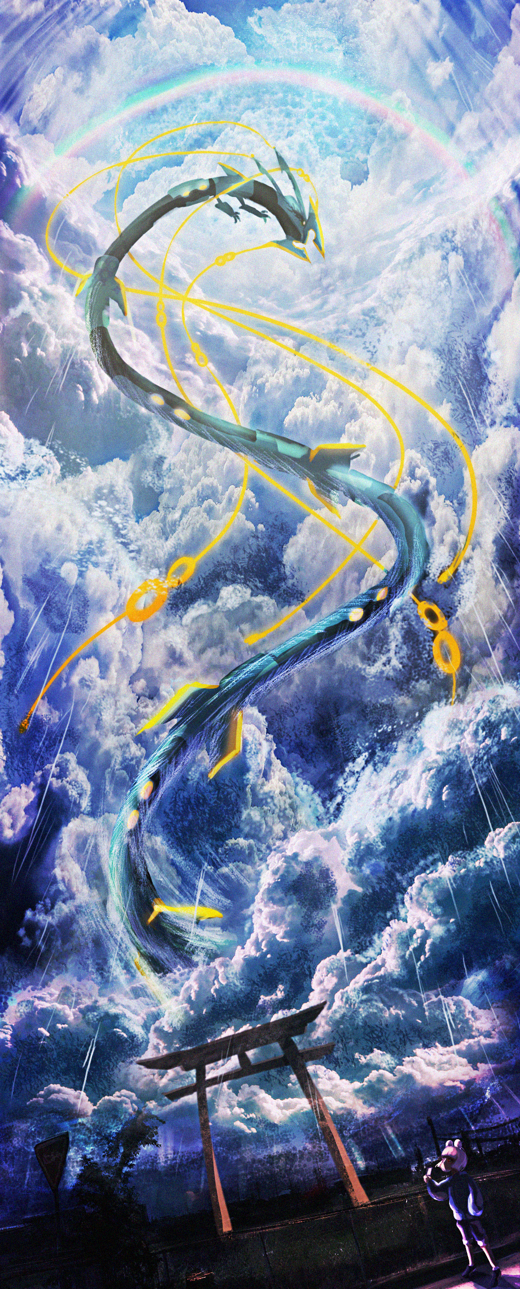 1girl absurdres arch claws clouds commentary_request dragon eastern_dragon fence glowing highres holding looking_up mega_pokemon mega_rayquaza miyagawa_(maxggguys) outdoors pokemon pokemon_(creature) rain rainbow rayquaza sign standing