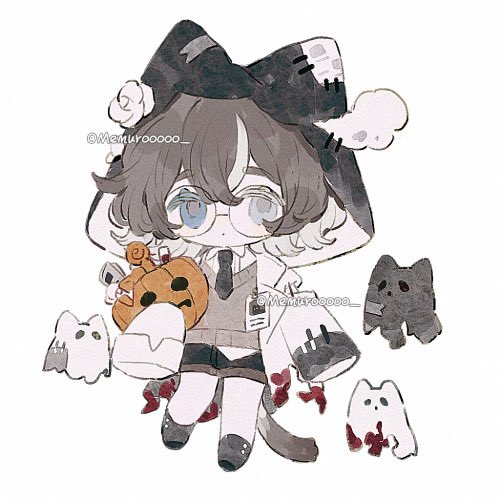 1girl animal_ears asymmetrical_sleeves black_footwear black_hood black_shorts blood blood_stain blue_eyes brown_hair brown_vest bucket buttons candy cat cat_ears cat_girl cat_tail chibi coat coattails collared_coat collared_shirt colored_eyelashes commentary ear_covers flower food ghost glasses grey_socks halloween halloween_bucket hat hat_flower holding holding_bucket jack-o'-lantern lab_coat lollipop long_sleeves lowres memuro mismatched_sleeves multicolored_hair name_tag open_clothes open_coat original patch rose round_eyewear shirt shoes short_hair shorts simple_background sleeves_past_fingers sleeves_past_wrists socks solo streaked_hair sweater_vest symbol-only_commentary tail torn_clothes torn_coat twitter_username two-sided_hood two-tone_hair vest white_background white_coat white_flower white_hair white_hood white_rose white_shirt