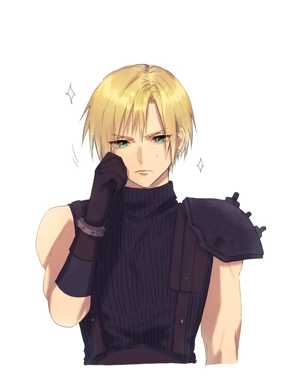 1boy adjusting_hair ah_yoshimizu alternate_hairstyle armor belt black_gloves blonde_hair blue_eyes cloud_strife commentary_request cropped_torso earrings final_fantasy final_fantasy_vii gloves hand_on_own_face hand_up highres jewelry light_frown male_focus pauldrons short_hair shoulder_armor simple_background single_pauldron sleeveless sleeveless_turtleneck solo sparkle stud_earrings suspenders sweatdrop turtleneck upper_body white_background