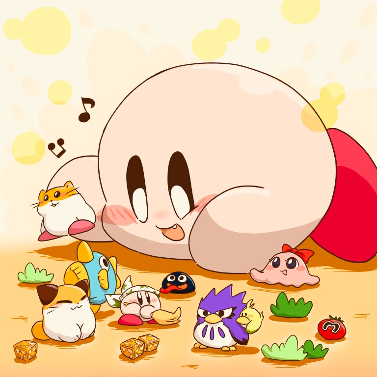 1other :3 :d bandana beamed_eighth_notes blush blush_stickers bow broom chuchu_(kirby) cleaning_kirby closed_eyes closed_mouth commentary_request coo_(kirby) copy_ability eighth_note fang figure gooey_(kirby) holding holding_broom kine_(kirby) kirby kirby_(series) long_tongue lying maxim_tomato musical_note nago_(kirby) no_humans on_stomach open_mouth pitch_(kirby) red_bow rick_(kirby) satojoyu simple_background smile solo star_(symbol) star_block star_print tongue tongue_out v-shaped_eyebrows white_bandana yellow_background
