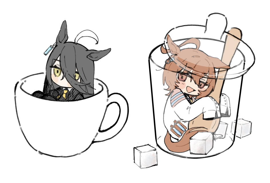2girls agnes_tachyon_(umamusume) ahoge animal_ears black_hair black_suit blush brown_eyes chibi coat commentary_request cup ear_tag hair_between_eyes holding holding_spoon horse_ears horse_girl horse_tail in_container in_cup lab_coat long_hair looking_at_viewer manhattan_cafe_(umamusume) mini_person multiple_girls neckerchief ohagi_0909 open_mouth short_hair simple_background sketch smile spoon sugar_cube suit tail umamusume white_background white_coat yellow_eyes yellow_neckerchief