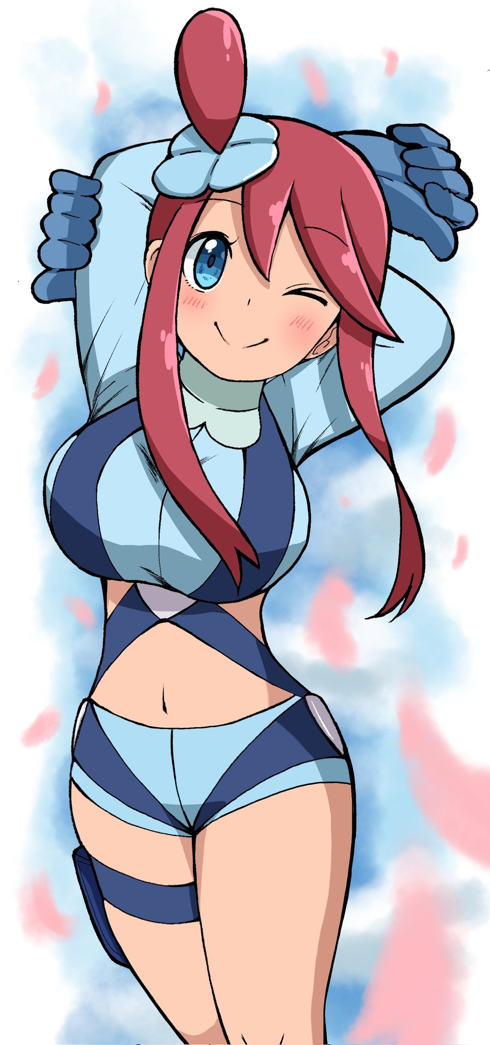 1girl arms_behind_head blue_eyes blue_gloves blue_shorts crop_top emapippi gloves hair_ornament highres long_hair looking_at_viewer midriff navel one_eye_closed one_side_up pokemon pokemon_bw redhead short_hair_with_long_locks short_shorts shorts sidelocks skyla_(pokemon) smile solo stretching thigh_pouch