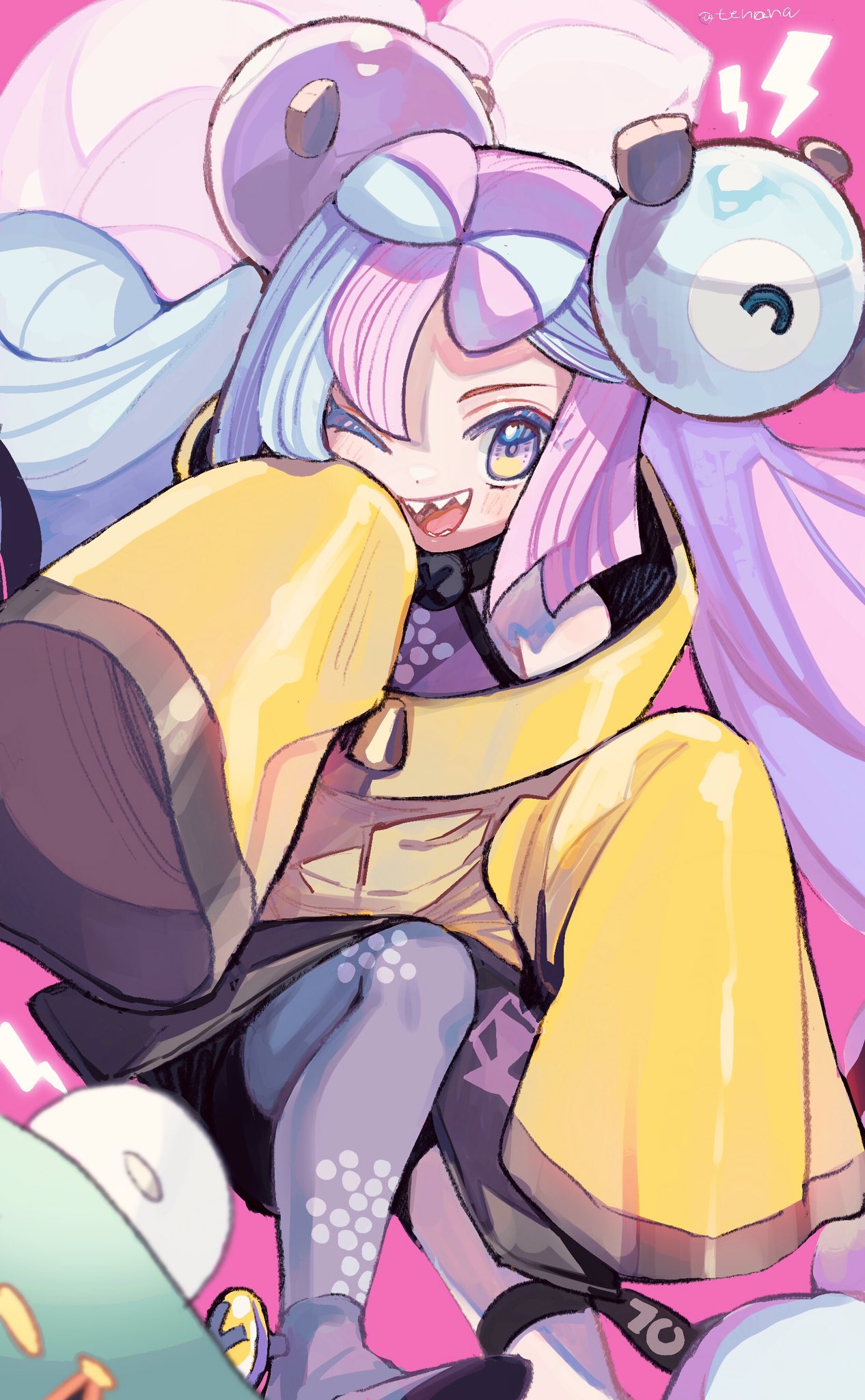 1girl amezawa_koma bare_shoulders bellibolt bike_shorts blue_hair bolt bow-shaped_hair character_hair_ornament grey_pantyhose hair_ornament highres iono_(pokemon) jacket long_hair long_sleeves multicolored_hair one_eye_closed oversized_clothes pantyhose pink_background pink_hair pokemon pokemon_sv print_pantyhose sharp_teeth sleeves_past_fingers sleeves_past_wrists split-color_hair teeth twintails two-tone_hair yellow_jacket