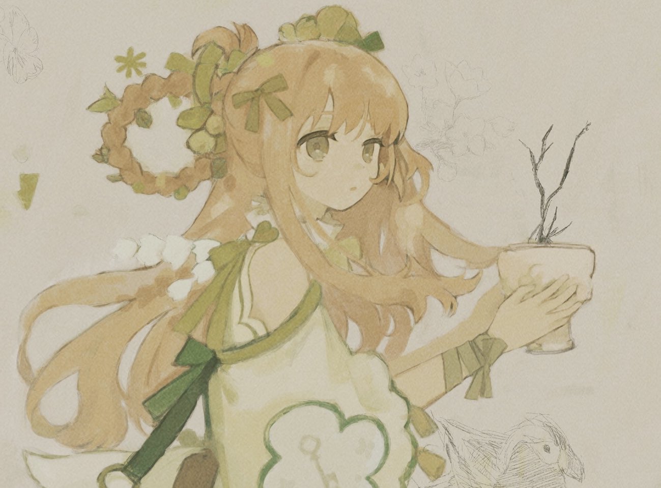 1girl bare_shoulders bird bow braided_hair_rings chisato_charme expressionless floating_hair flower flower_pot from_side green_bow grey_eyes hair_bow hair_flower hair_ornament half_updo hands_up holding holding_flower_pot leaf_hair_ornament long_hair looking_at_viewer looking_to_the_side original parted_lips puffin ribbon shawl shirt simple_background sleeveless sleeveless_shirt solo stick white_background white_shirt wrist_ribbon