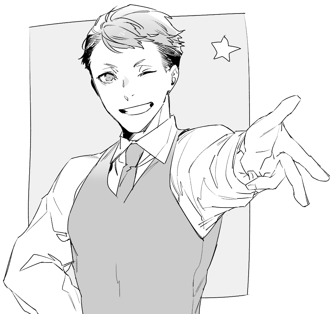 1boy ;d collared_shirt grin hatching_(texture) joker_game linear_hatching long_sleeves looking_at_viewer male_focus monochrome necktie one_eye_closed outstretched_arm reaching reaching_towards_viewer shi646 shirt short_hair smile solo star_(symbol) tazaki_(joker_game) unfinished upper_body vest