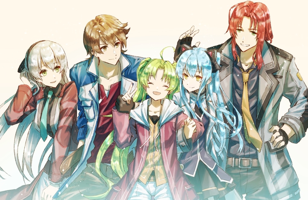2boys 3girls ahoge animal_ears ao_no_kiseki aqua_necktie belt black_coat black_hairband black_shirt black_skirt blue_coat blue_hair brown_hair brown_pants closed_eyes coat collared_shirt dog_tags eiyuu_densetsu elie_macdowell facing_viewer fake_animal_ears green_eyes green_hair grey_coat grey_shirt grin hairband hajimari_no_kiseki hood hooded_coat hwhh kea_(eiyuu_densetsu) lloyd_bannings long_hair looking_at_another multicolored_coat multiple_boys multiple_girls necktie open_clothes open_coat pants parted_lips pleated_skirt purple_vest randolph_orlando red_coat red_shirt redhead sen_no_kiseki sen_no_kiseki_iv shirt short_hair shorts simple_background skirt smile tio_plato twintails two-tone_coat two_side_up vest white_coat white_hair white_shorts yellow_eyes yellow_necktie zero_no_kiseki