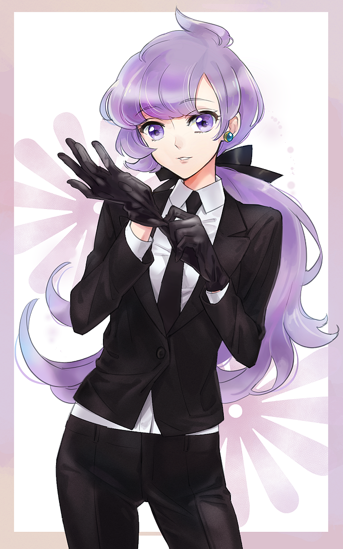 1girl anabel_(pokemon) ass_visible_through_thighs black_gloves black_jacket black_necktie black_pants collared_shirt commentary_request earpiece formal gloves jacket long_hair long_sleeves low_ponytail necktie pants pokemon pokemon_sm purple_hair rikovui shirt solo violet_eyes white_shirt