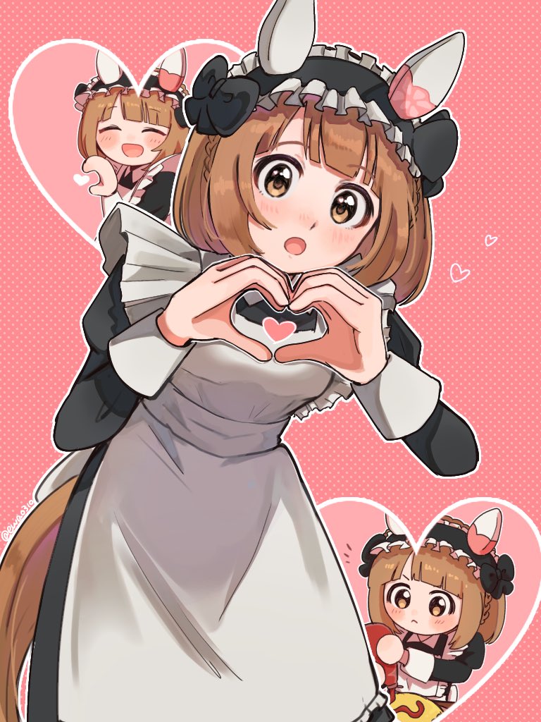 1girl alternate_costume animal_ears black_dress blush bottle broom brown_eyes brown_hair commentary_request dress ear_covers enmaided ewa_(ewa0310) food frilled_dress frills hands_on_own_chest hat heart heart_hands holding holding_bottle horse_ears horse_girl horse_tail juliet_sleeves ketchup ketchup_bottle long_sleeves looking_at_viewer maid maid_headdress medium_hair multiple_views omelet omurice pink_background puffy_sleeves simple_background tail umamusume white_background yukino_bijin_(umamusume)