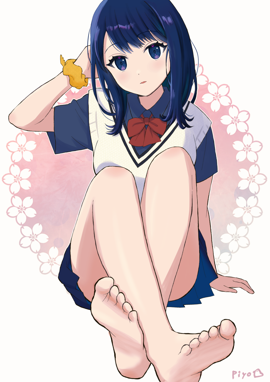 1girl arm_at_side artist_name bare_legs barefoot black_hair blue_eyes blue_shirt blush bow bowtie cherry_blossom_print collared_shirt convenient_leg crossed_legs eyelashes feet floral_print gridman_universe hand_up head_tilt highres kinkooo333 long_hair looking_at_viewer parted_lips pink_background red_bow red_bowtie school_uniform scrunchie shirt short_sleeves simple_background soles solo ssss.gridman sweater_vest swept_bangs takarada_rikka toes two-tone_background white_background white_sweater_vest wrist_scrunchie yellow_scrunchie