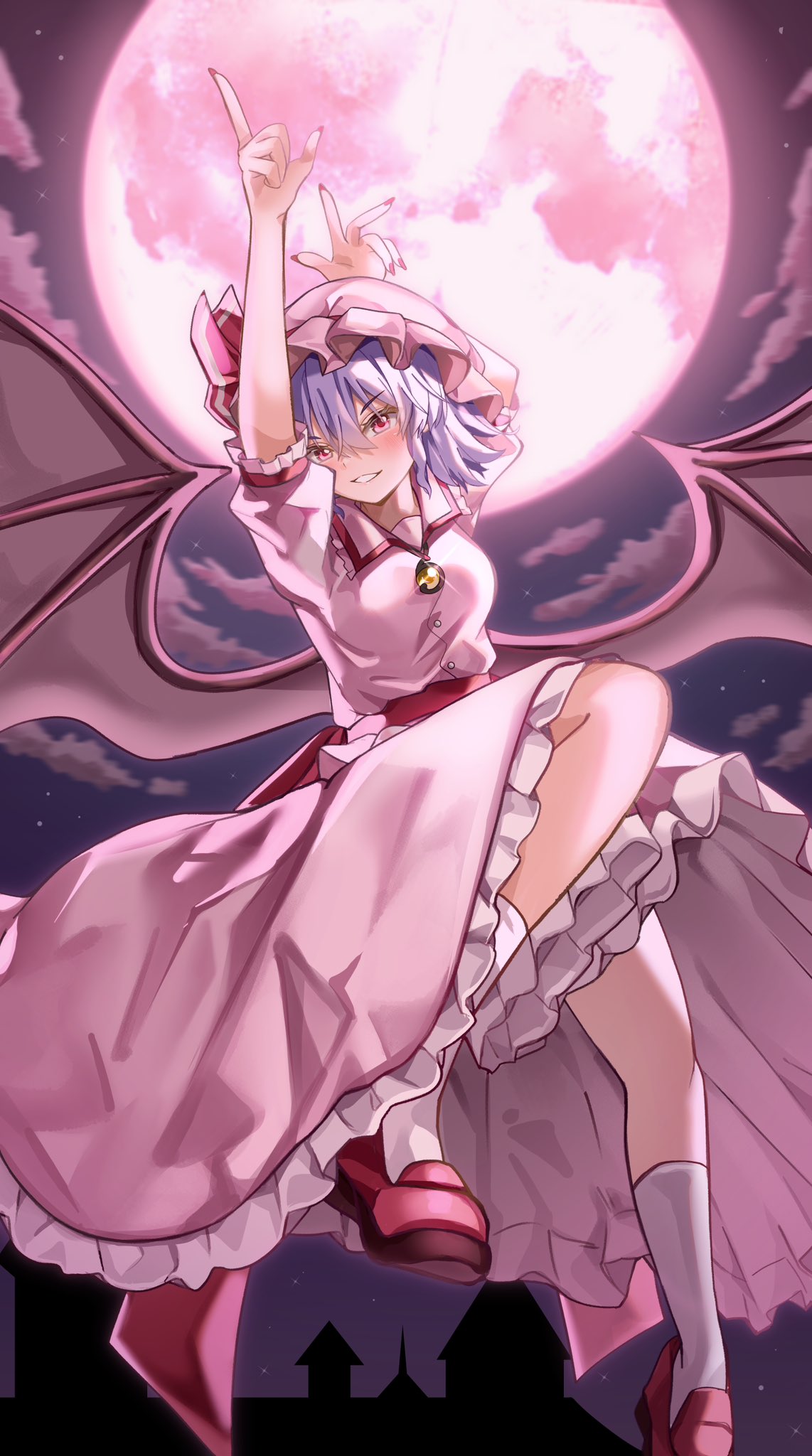 1girl bat_wings brooch clouds collar commentary dress frilled_dress frilled_headwear frilled_skirt frilled_sleeves frills full_body full_moon glint grin hair_between_eyes hands_up hat hat_ribbon highres jewelry knee_up looking_at_viewer maboroshi_mochi medium_hair mob_cap moon night pink_dress pink_eyes pink_nails purple_hair red_footwear red_ribbon remilia_scarlet ribbon scarlet_devil_mansion short_sleeves skirt smile socks solo star_(sky) touhou white_socks wings