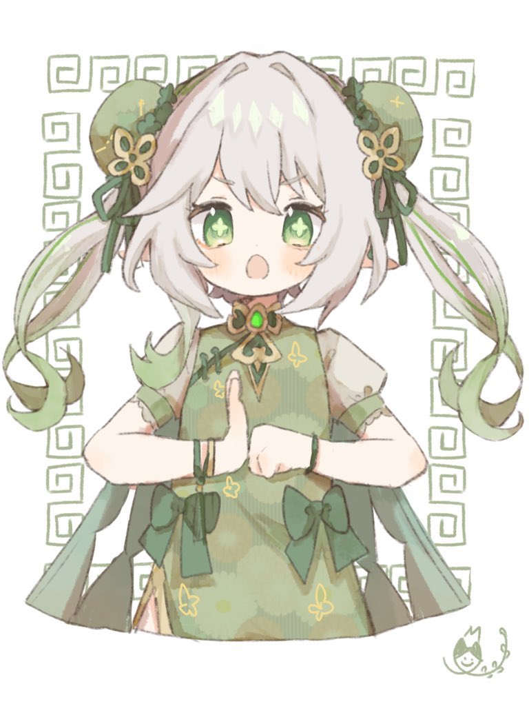 1girl :o alternate_costume alternate_hairstyle blush bow bracelet bun_cover cape chinese_clothes clenched_hand commentary_request cropped_legs cross-shaped_pupils double_bun dress eyelashes fist_in_hand gem genshin_impact gold_trim green_bow green_cape green_dress green_eyes green_gemstone green_hair green_ribbon hair_between_eyes hair_bun hair_intakes jewelry long_hair looking_at_viewer meandros mugi062 multicolored_hair nahida_(genshin_impact) open_mouth pointy_ears puffy_short_sleeves puffy_sleeves ribbon short_sleeves sidelocks simple_background solo streaked_hair symbol-shaped_pupils twintails v-shaped_eyebrows white_background white_hair