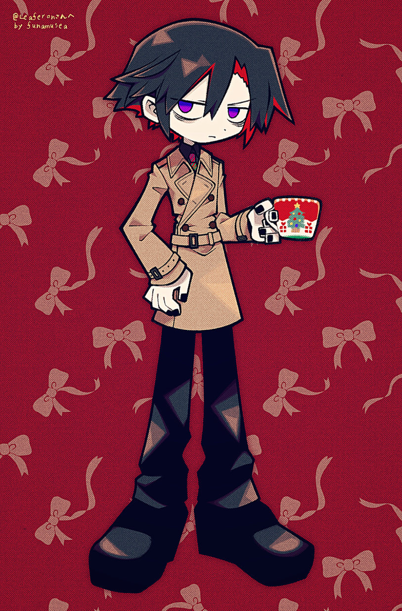 1boy artist_name bags_under_eyes black_footwear black_hair black_nails black_pants christmas coat coffee_mug colored_skin commission commissioner_name cup full_body fumus_(funamusea) funamusea funamusea_(artist) highres holding holding_cup male_focus mug multicolored_hair nail_polish non-web_source official_art pants patterned_background red_background redhead ribbon shoes short_hair skeb_commission solo trench_coat two-tone_hair white_skin
