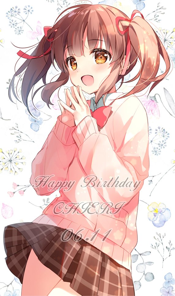 1girl blush bow bowtie breasts brown_eyes brown_hair brown_skirt character_name cowboy_shot dot_nose floral_background hair_bow hair_ribbon hands_up happy_birthday idolmaster idolmaster_cinderella_girls idolmaster_cinderella_girls_starlight_stage long_hair long_sleeves looking_at_viewer ogata_chieri open_mouth pink_bow pink_bowtie pink_sweater plaid plaid_skirt pleated_skirt red_ribbon ribbon school_uniform shirt sidelocks skirt small_breasts smile solo standing steepled_fingers suimya sweater twintails white_shirt