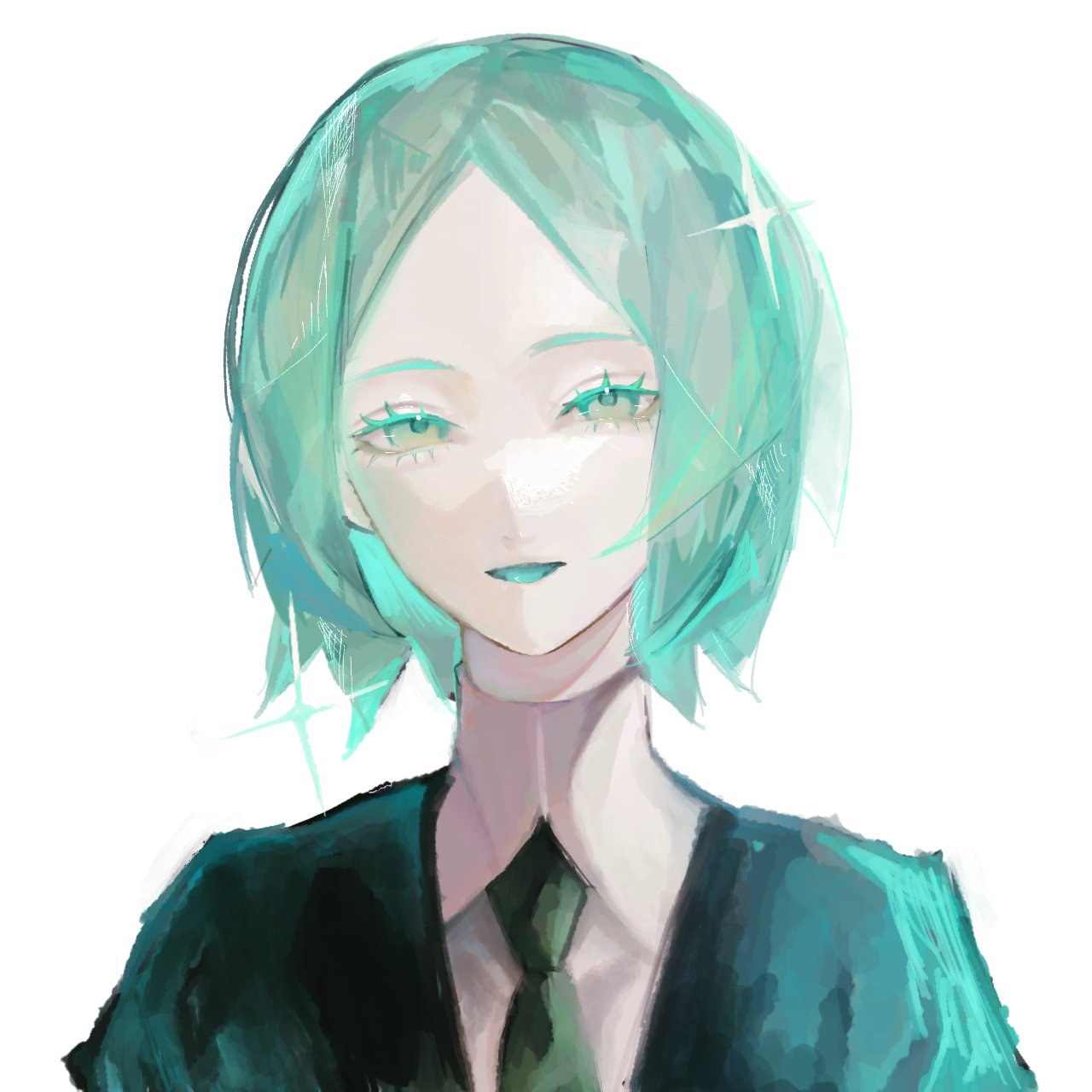 1other androgynous aqua_eyes aqua_hair black_necktie collared_shirt colored_eyelashes colored_skin crystal_hair gem_uniform_(houseki_no_kuni) glowing glowing_hair highres houseki_no_kuni looking_at_viewer necktie open_mouth other_focus phosphophyllite poiuyt shirt simple_background smile sparkle white_background white_skin