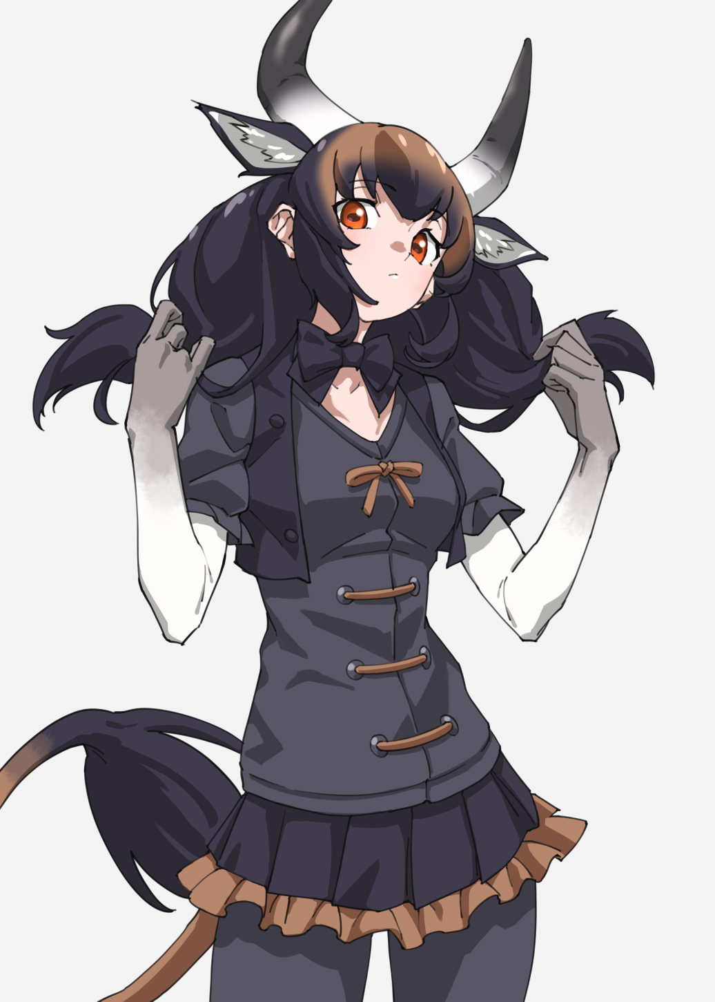 1girl animal_ears banteng_(kemono_friends) black_bow black_bowtie black_hair black_pantyhose black_shirt black_skirt bow bowtie brown_hair commentary cow_ears cow_girl cow_horns cow_tail elbow_gloves extra_ears frilled_skirt frills gloves gradient_gloves grey_background grey_gloves hair_between_eyes highres horizontal_pupils horns kemono_friends long_hair looking_at_viewer multicolored_hair orange_eyes pantyhose pleated_skirt puffy_short_sleeves puffy_sleeves shirt short_sleeves sidelocks simple_background skirt solo tail tanabe_(fueisei) twintails two-tone_gloves white_gloves