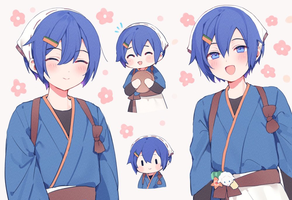 1boy :d alternate_costume androgynous apron black_shirt blue_eyes blue_kimono blush blush_stickers chibi chibi_inset closed_eyes closed_mouth cropped_torso grey_background hair_between_eyes hair_ornament hairclip japanese_clothes kaito_(vocaloid) kimono long_sleeves looking_at_viewer male_focus mogu_(wy5xrt7w) multiple_views open_mouth shirt short_hair smile undershirt upper_body vocaloid white_apron white_headwear